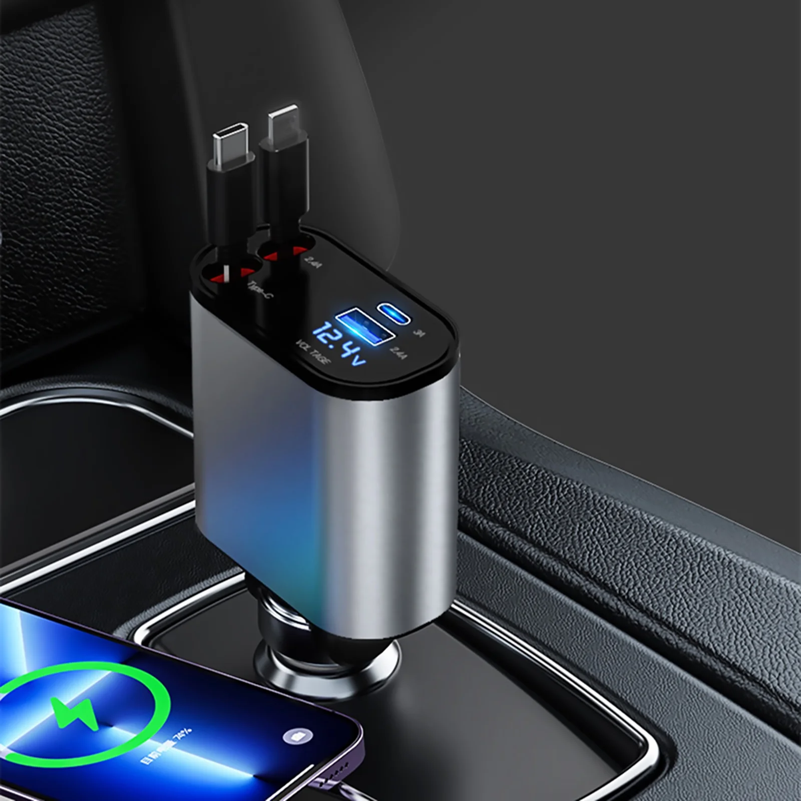 Dual Cord Reel Car Charger 100W Fast Charging Dual USB Ports