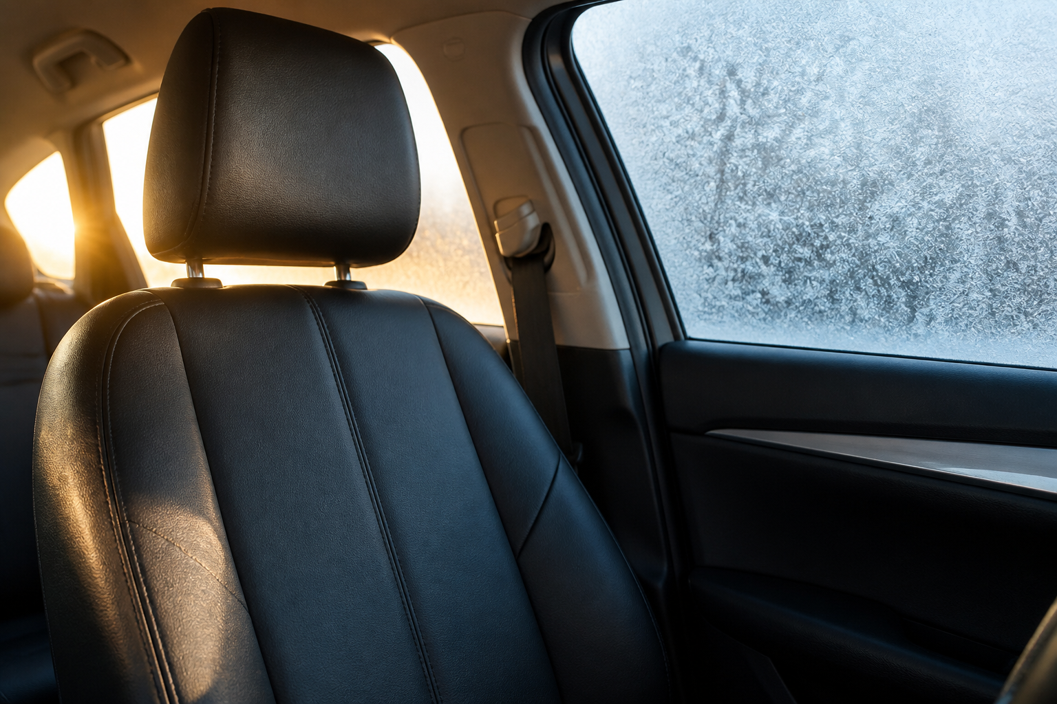 Faux-leather seat cover shown in contrasting summer sun and winter conditions