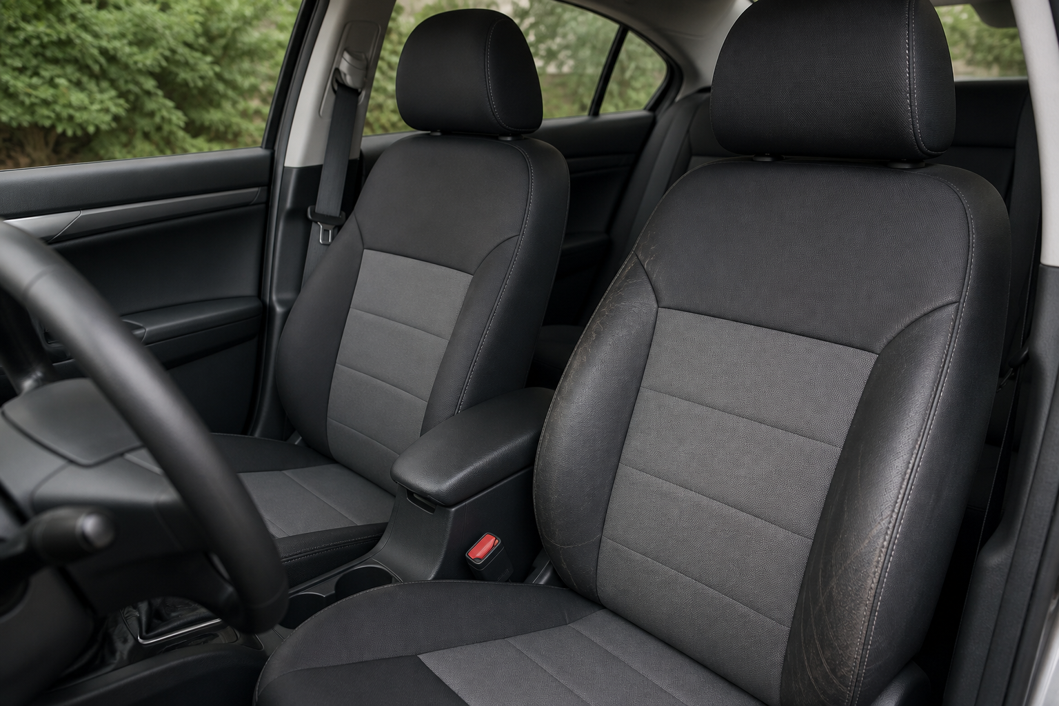 Well-maintained seat cover beside one showing mild normal edge wear