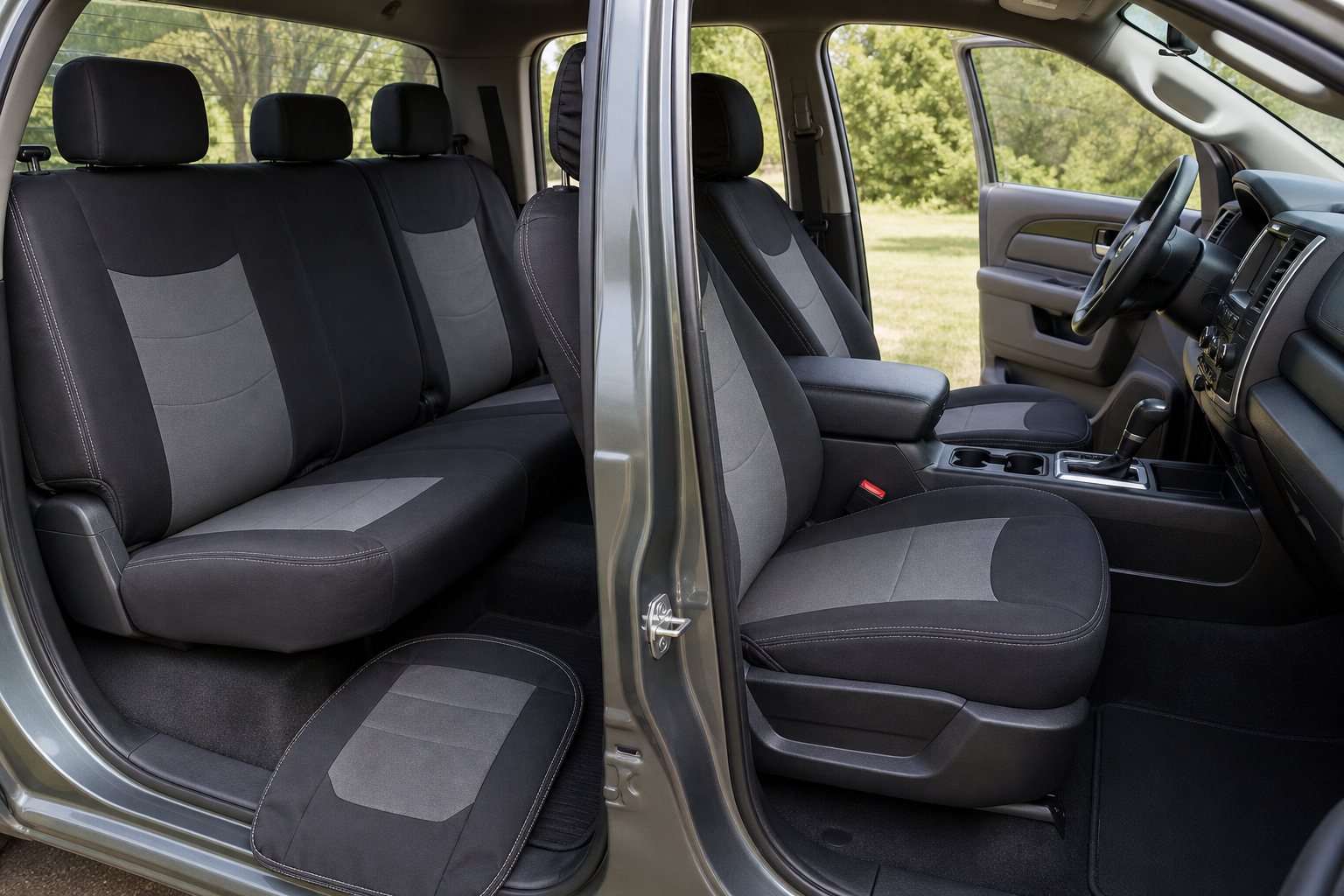 Front and rear seat-cover pieces arranged to show different coverage options