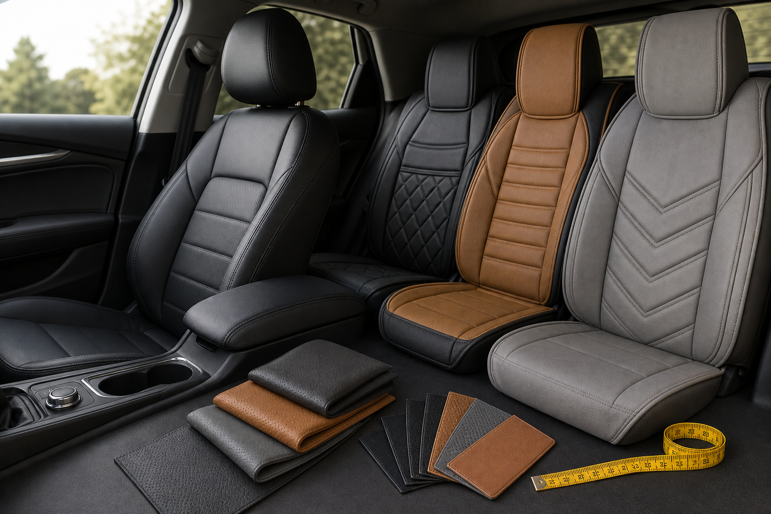 Leather-like seat-cover styles, swatches and fit-measuring tools