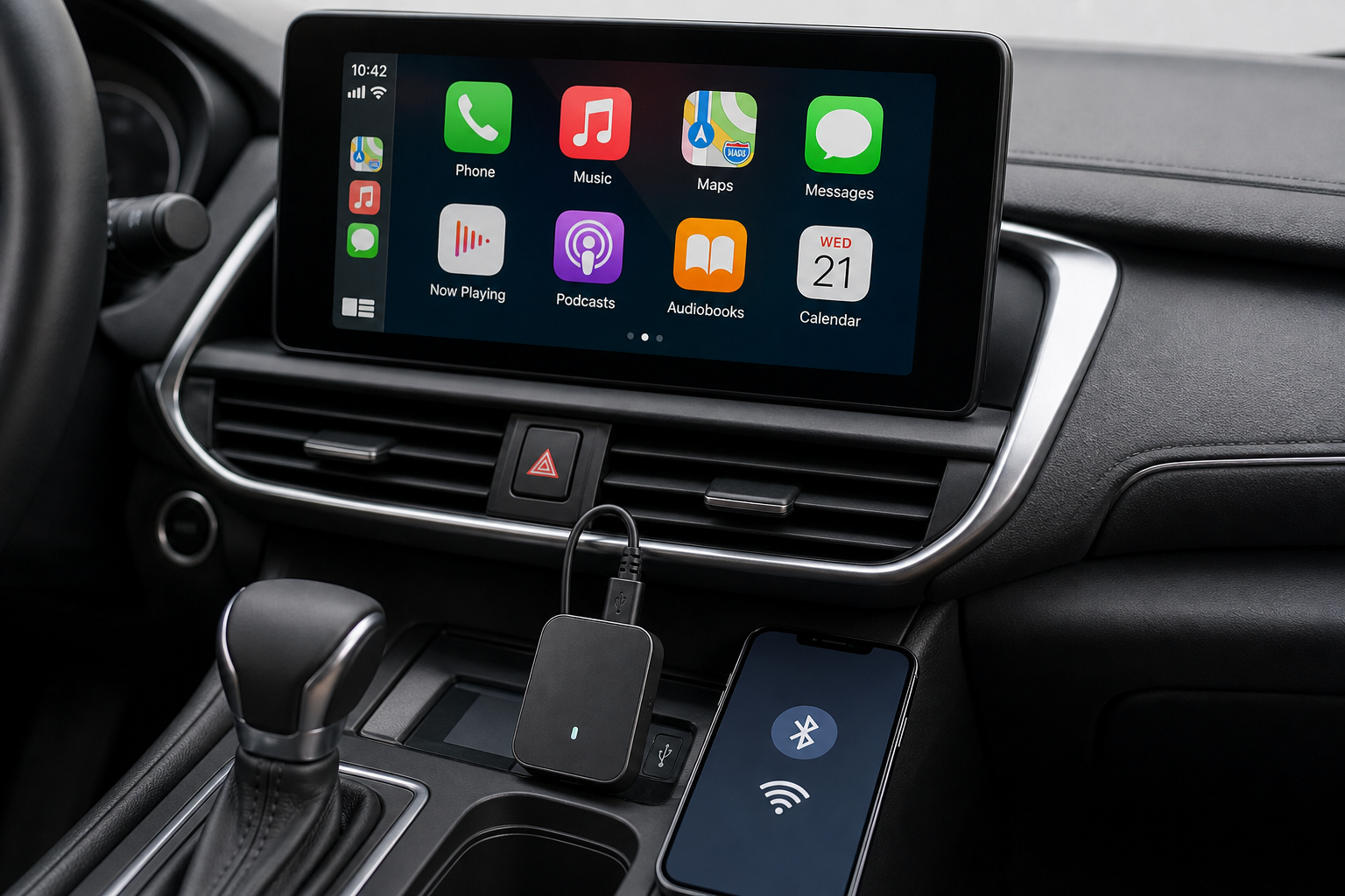 Wireless CarPlay adapter connected between a phone and infotainment display