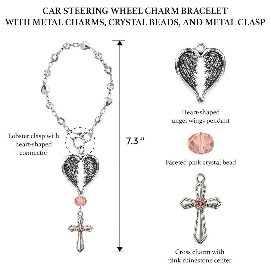 Guardian Heart Wing Cross Charm - Car/Steering Wheel/Handbag Pendant Silver Tone With Pink Crystal Elegant Decor For Auto Interior & Bag Accessory - A - View 5