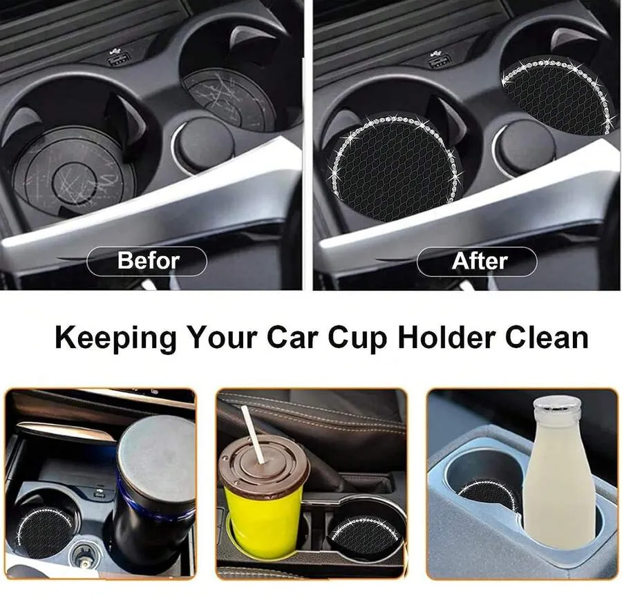 1/2pcs Car Cup Holder Coasters, Shiny Cup Holder Insert Coasters, Universal Anti-Slip Car Cup Holder Decorative Silicone Cup Mats, Car Interior Pad, 7cm/2.75" Soft Crystal Rhinestone Rubber Coaster Set Round Car Beverage Cup Holder Accessories - One Size - View 10