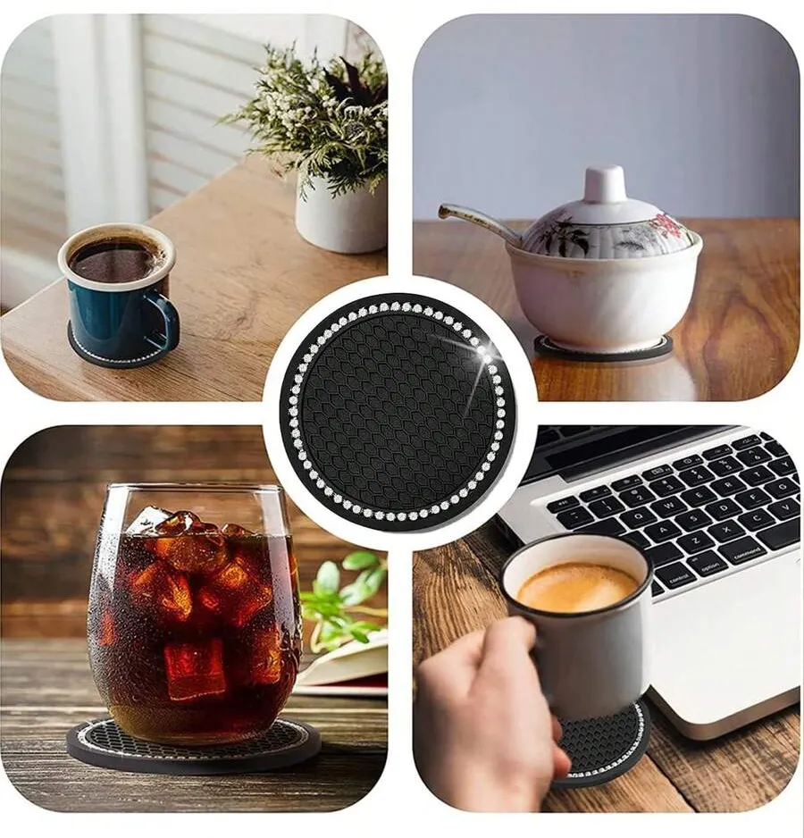 1/2pcs Car Cup Holder Coasters, Shiny Cup Holder Insert Coasters, Universal Anti-Slip Car Cup Holder Decorative Silicone Cup Mats, Car Interior Pad, 7cm/2.75" Soft Crystal Rhinestone Rubber Coaster Set Round Car Beverage Cup Holder Accessories - One Size - View 9