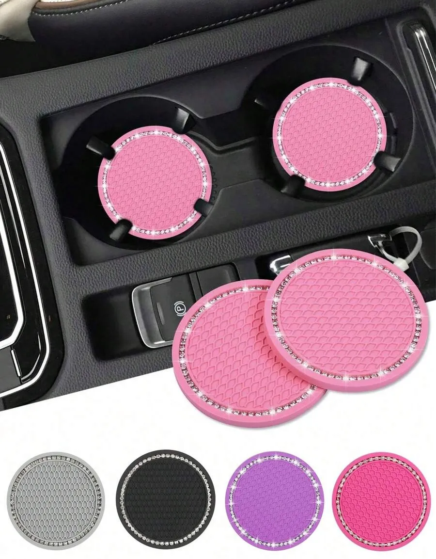 1/2pcs Car Cup Holder Coasters, Shiny Cup Holder Insert Coasters, Universal Anti-Slip Car Cup Holder Decorative Silicone Cup Mats, Car Interior Pad, 7cm/2.75" Soft Crystal Rhinestone Rubber Coaster Set Round Car Beverage Cup Holder Accessories - One Size - View 6