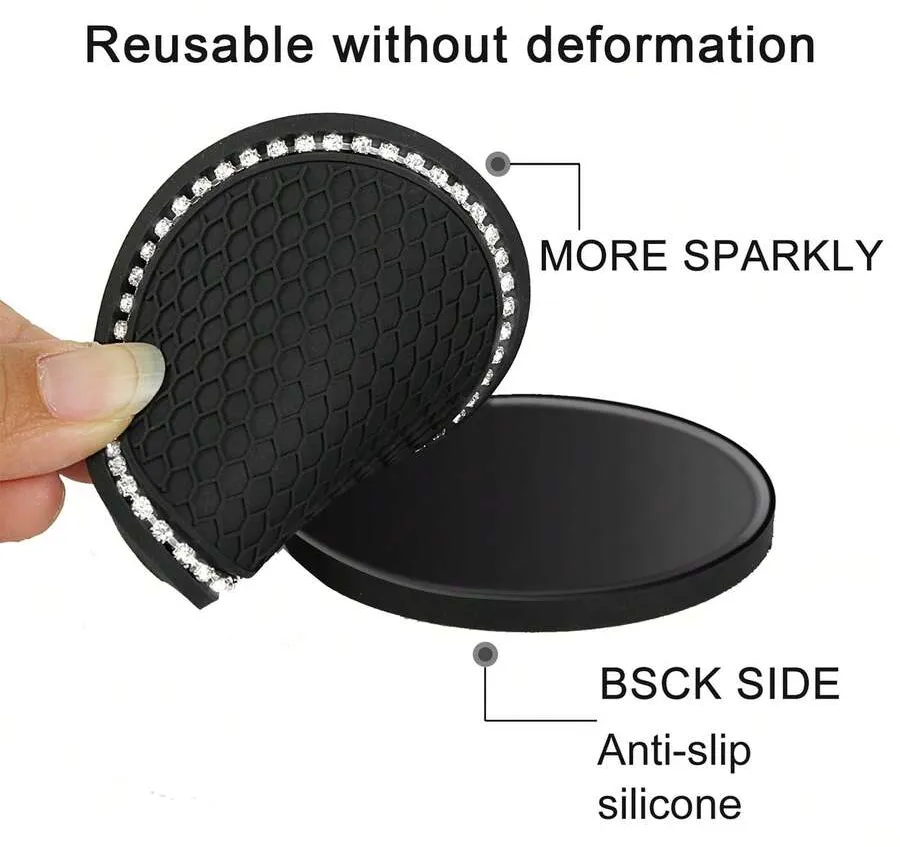 1/2pcs Car Cup Holder Coasters, Shiny Cup Holder Insert Coasters, Universal Anti-Slip Car Cup Holder Decorative Silicone Cup Mats, Car Interior Pad, 7cm/2.75" Soft Crystal Rhinestone Rubber Coaster Set Round Car Beverage Cup Holder Accessories - One Size - View 5