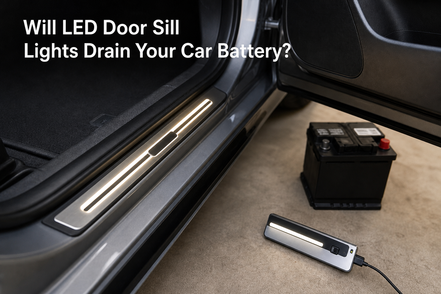 Illuminated door sill with rechargeable module and car battery in the background