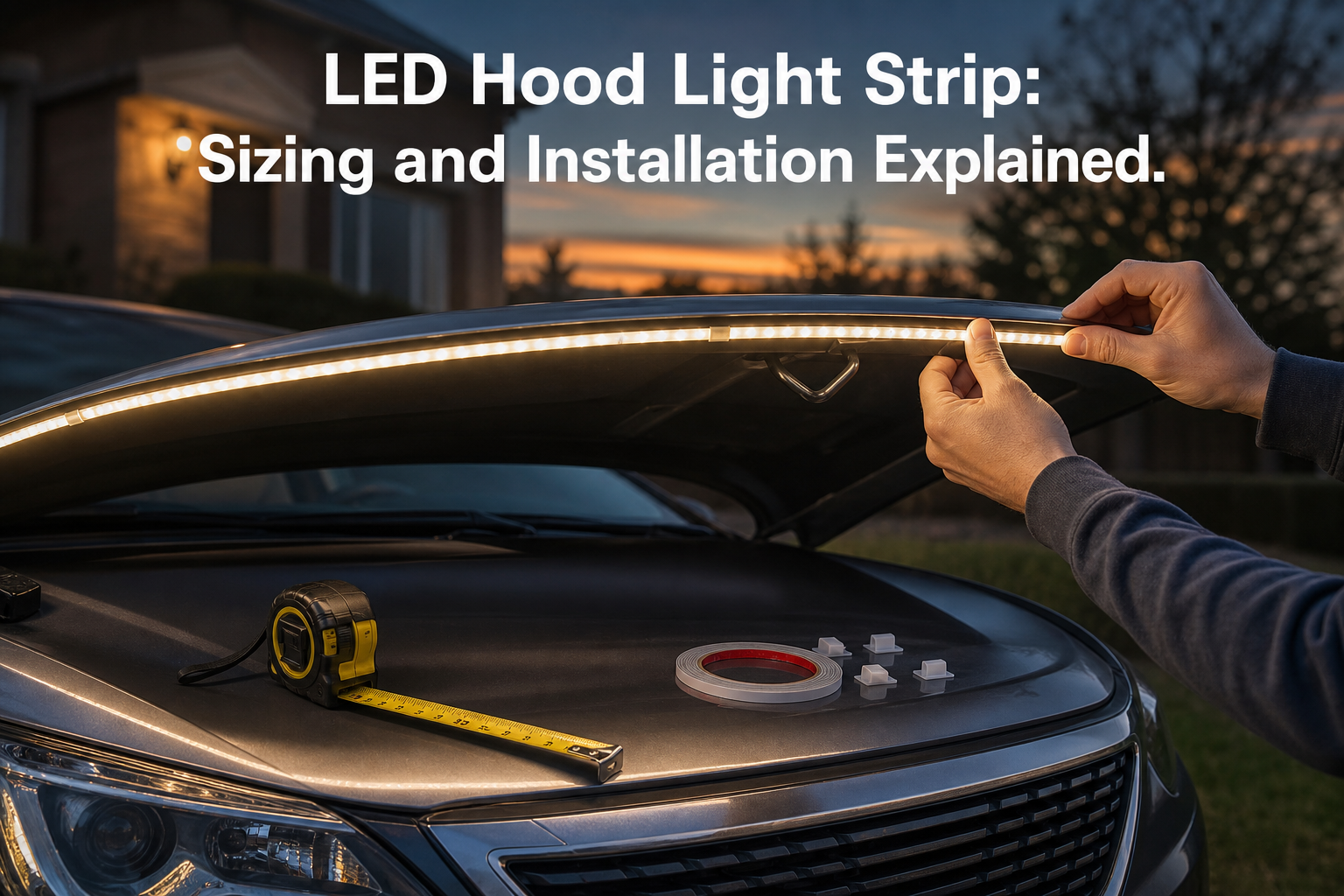 LED hood strip being aligned and measured on a parked car
