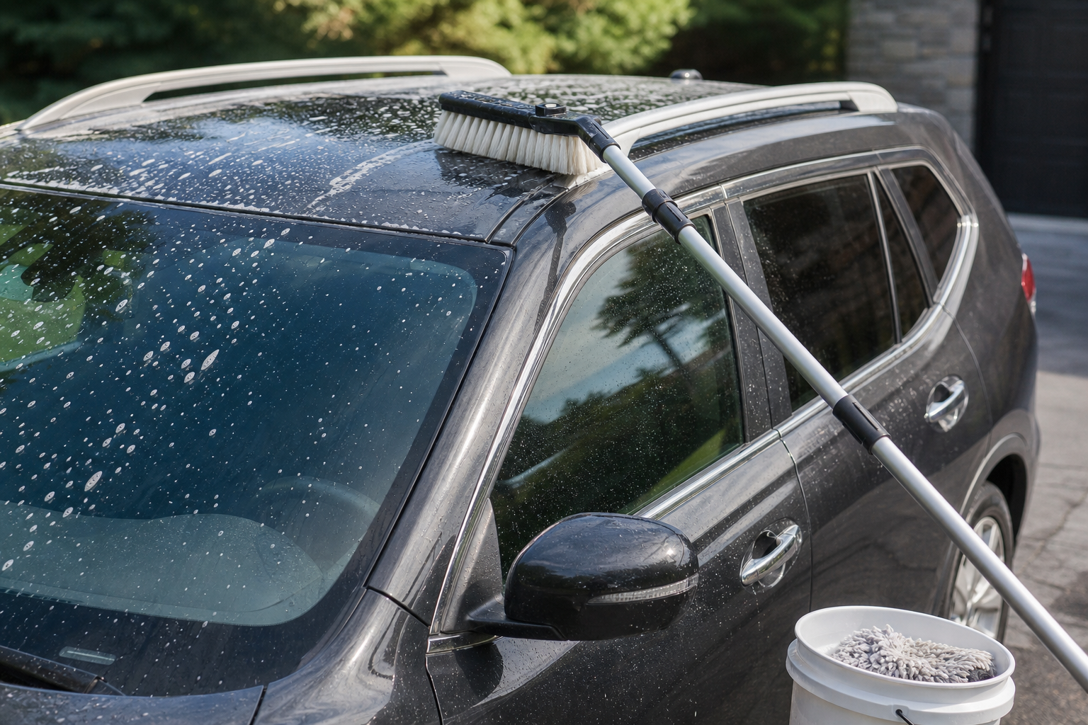 Soft long-handle wash brush cleaning the roof of a parked SUV