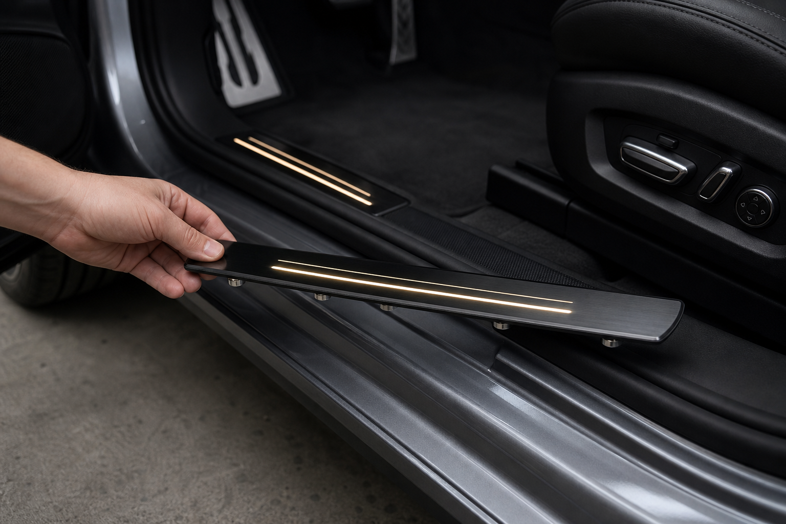 Magnetic LED sill plate attaching to a metal car threshold