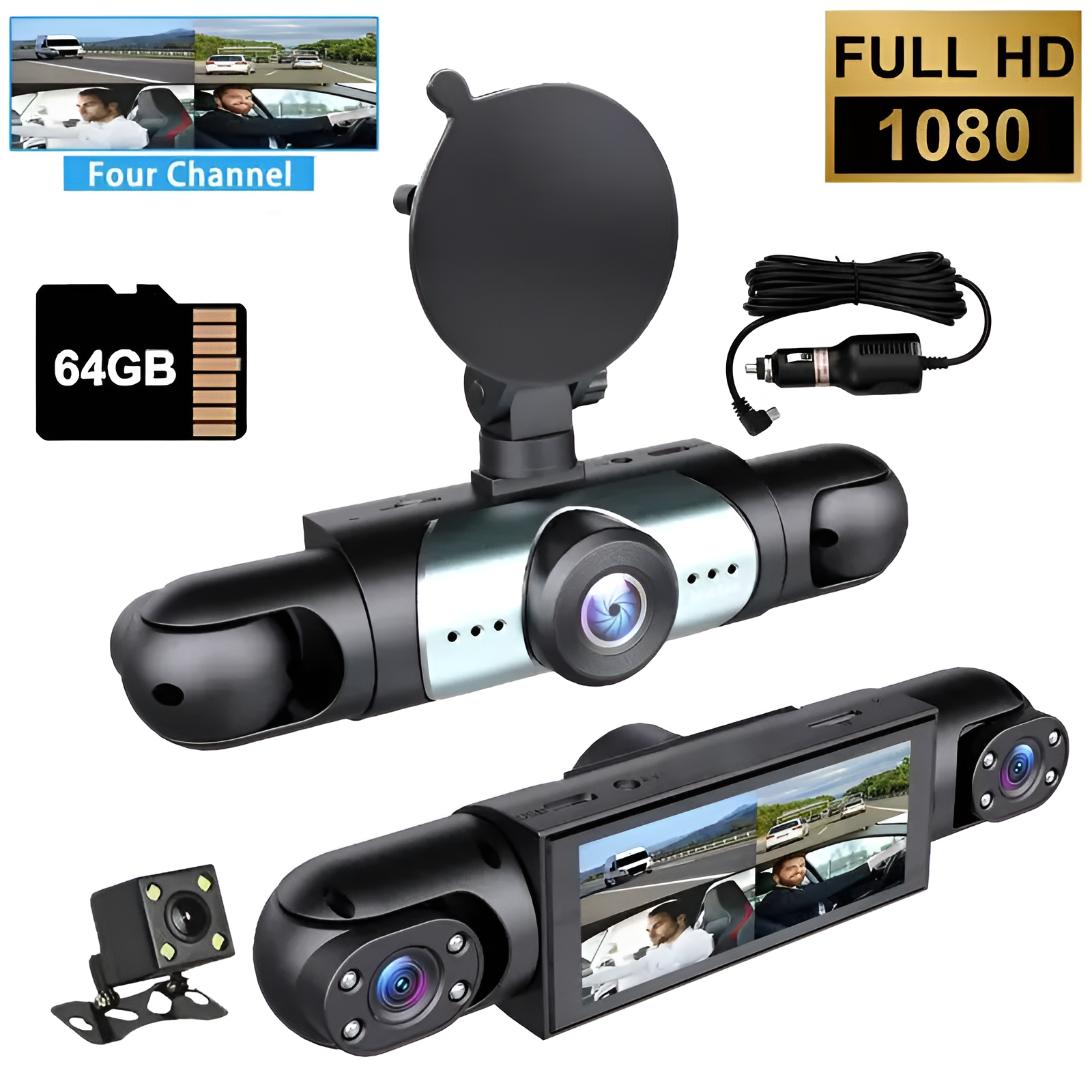 4 Channel Car Dash Cam, 1080P Car DVR with 64GB Memory Card，3.16 Inch, Plug and Play（No battery），Car Video Surveillance with Night Vision， Car DVR Hd Screen Front Rear Left And Right dashcam