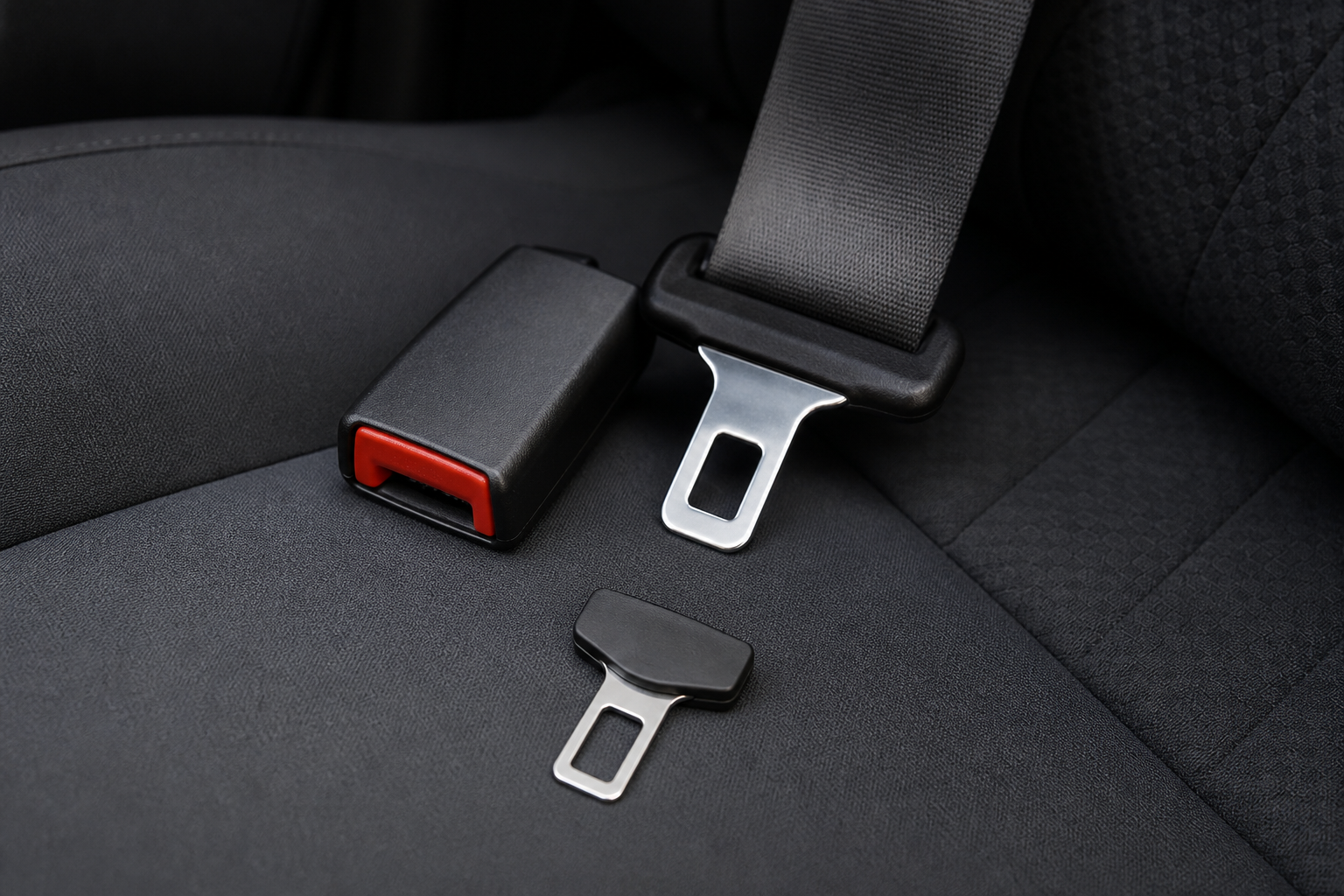 Seat-belt accessory shown separately beside the original buckle and belt tongue