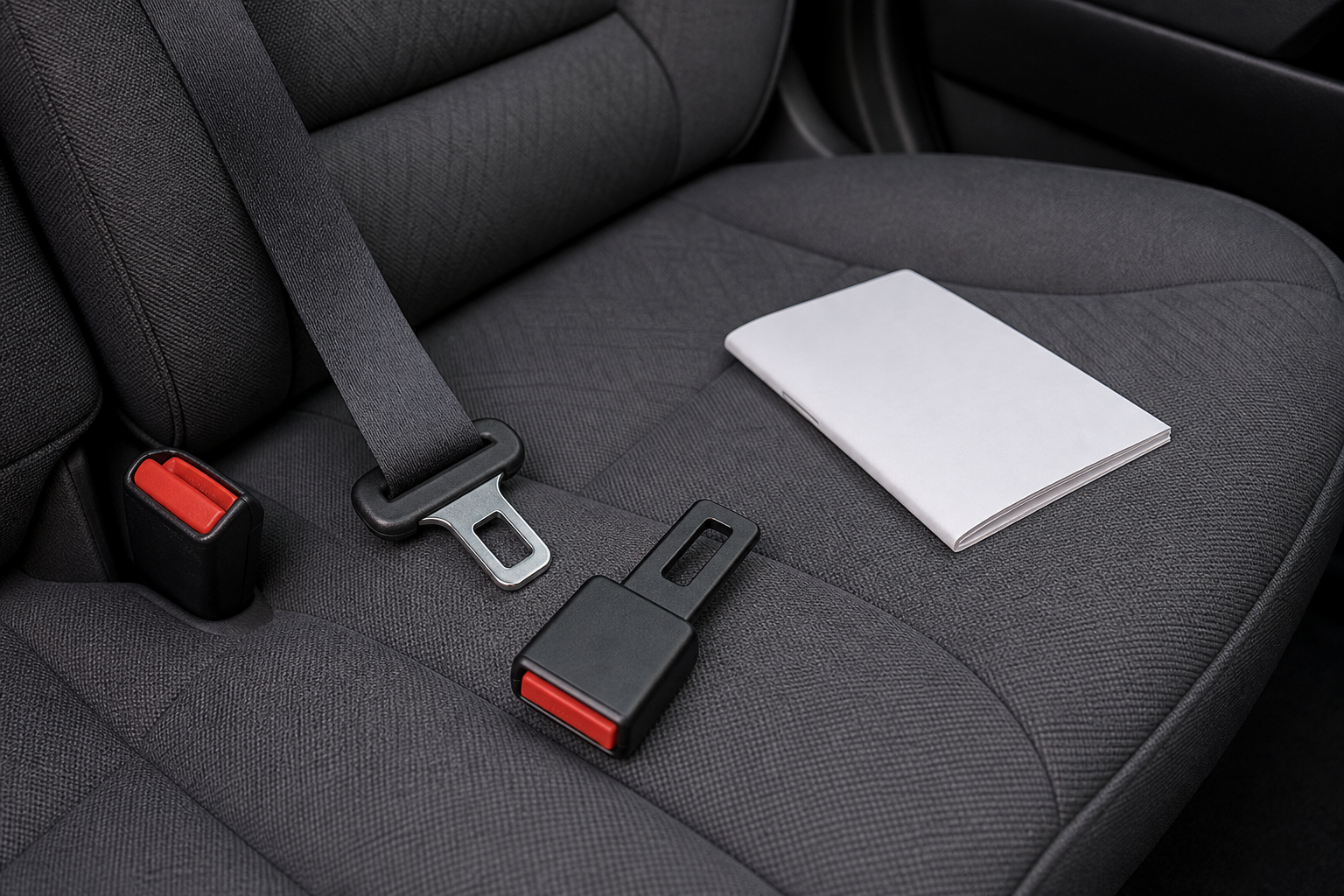 Seat-belt accessory shown unused beside the original buckle, tongue and manual
