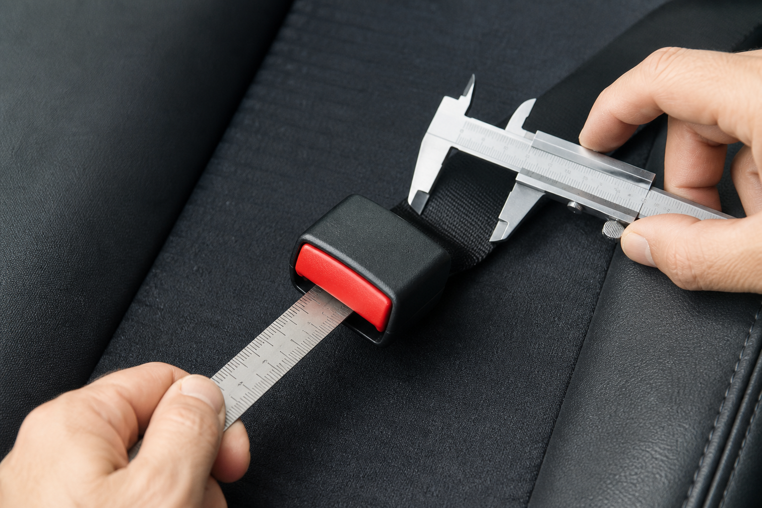 Vehicle seat-belt buckle being measured carefully before ordering an accessory