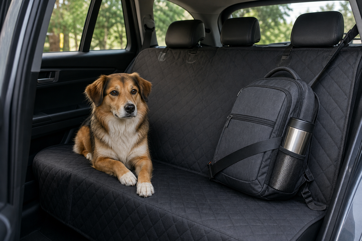 Protected rear car seat shared by a calm dog and commuter belongings