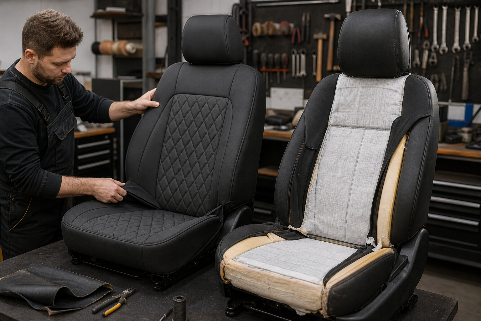 Removable seat cover and professional reupholstery work shown together