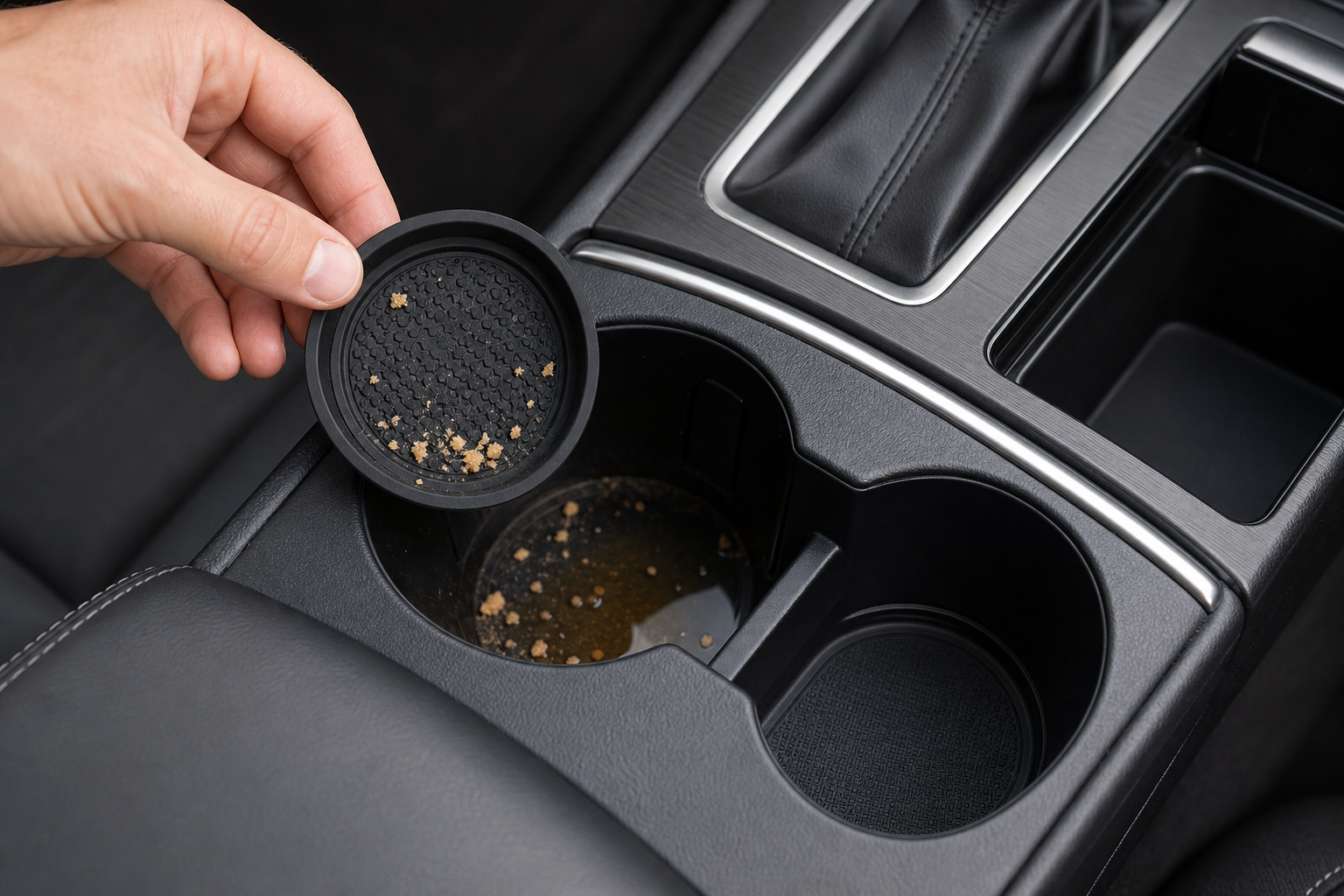 Removable silicone cup-holder insert being lifted for easy cleaning