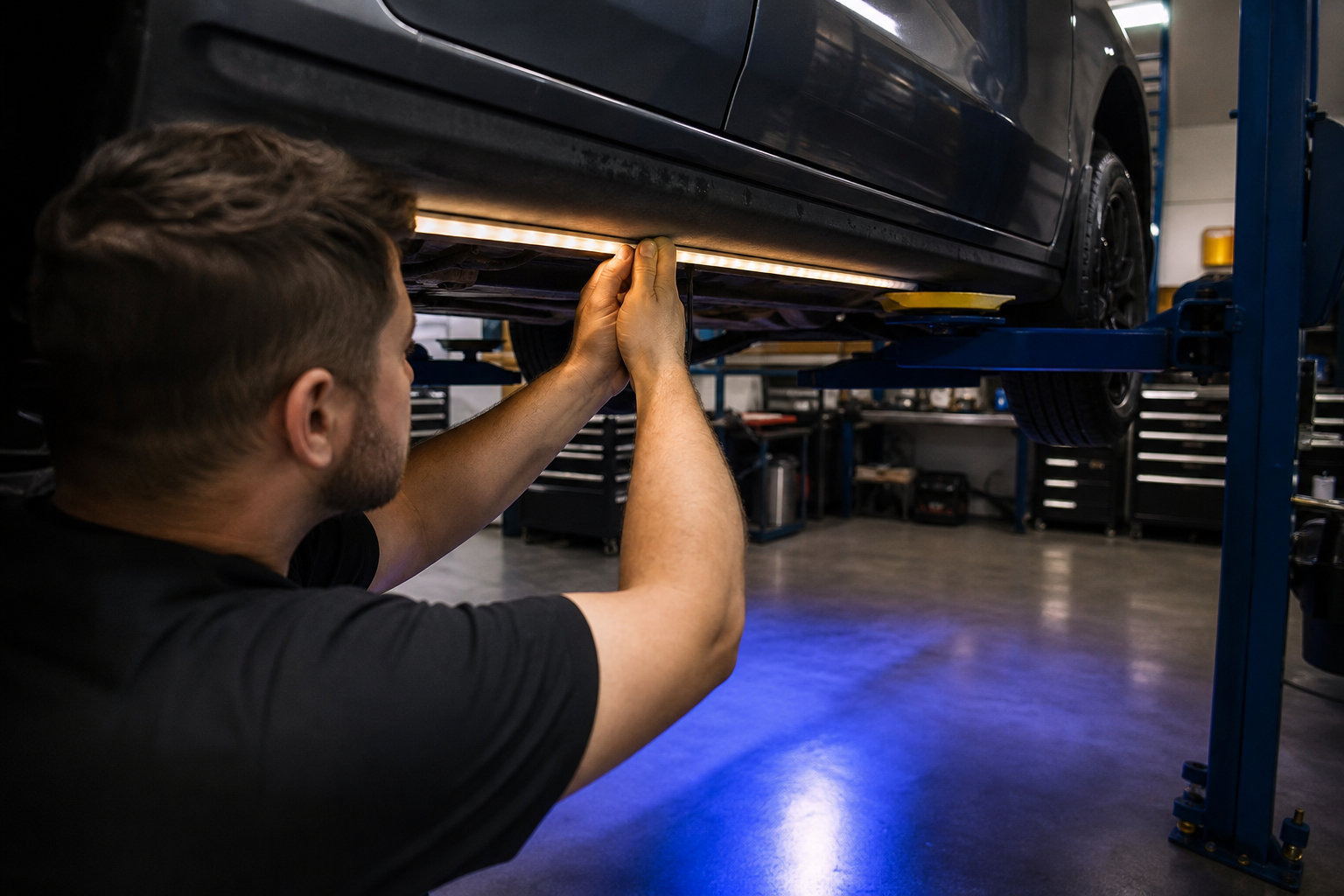 Slim underglow LED strip being installed beneath a safely lifted car