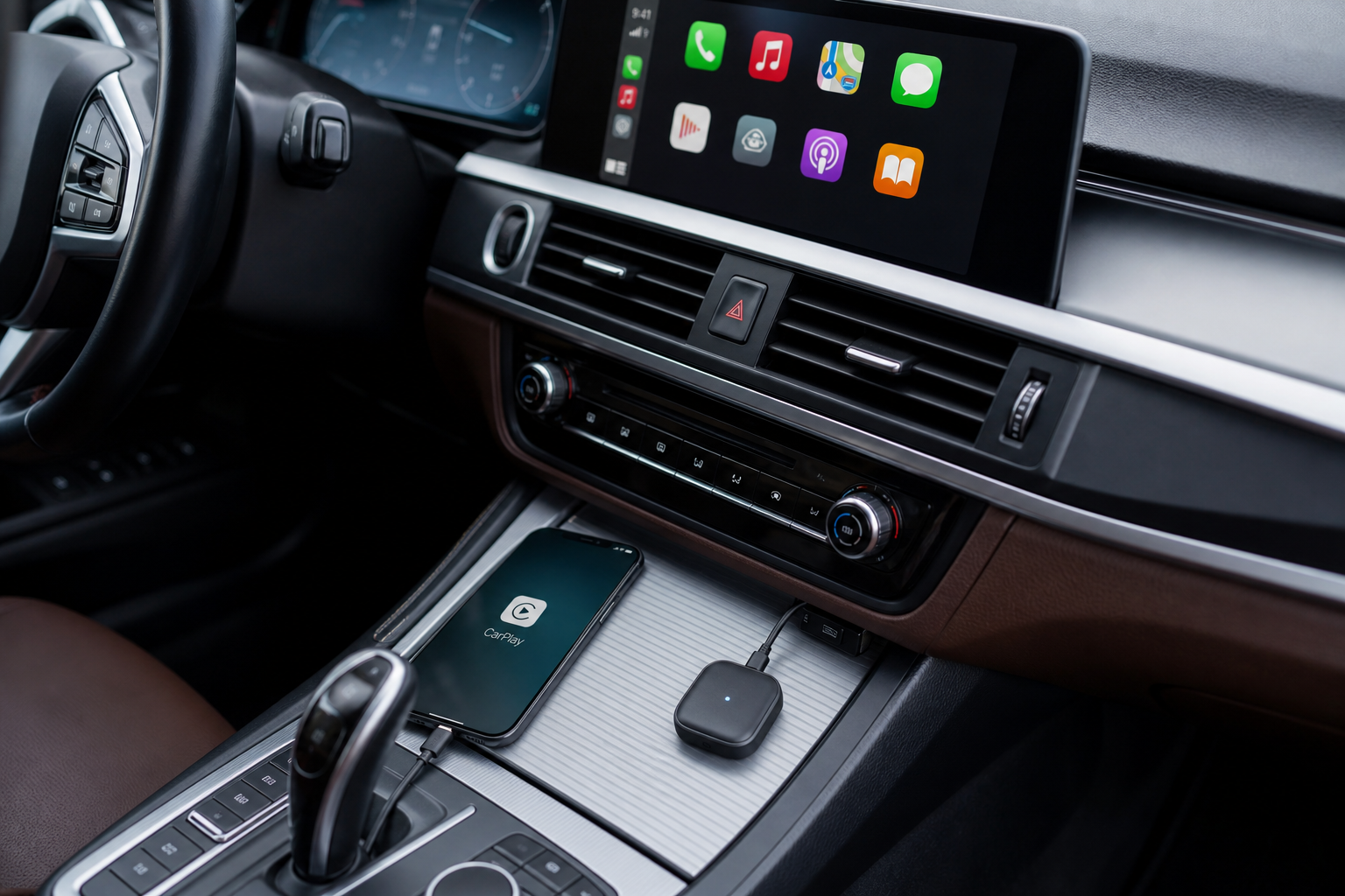 Phone cable and wireless adapter shown in a neutral CarPlay comparison