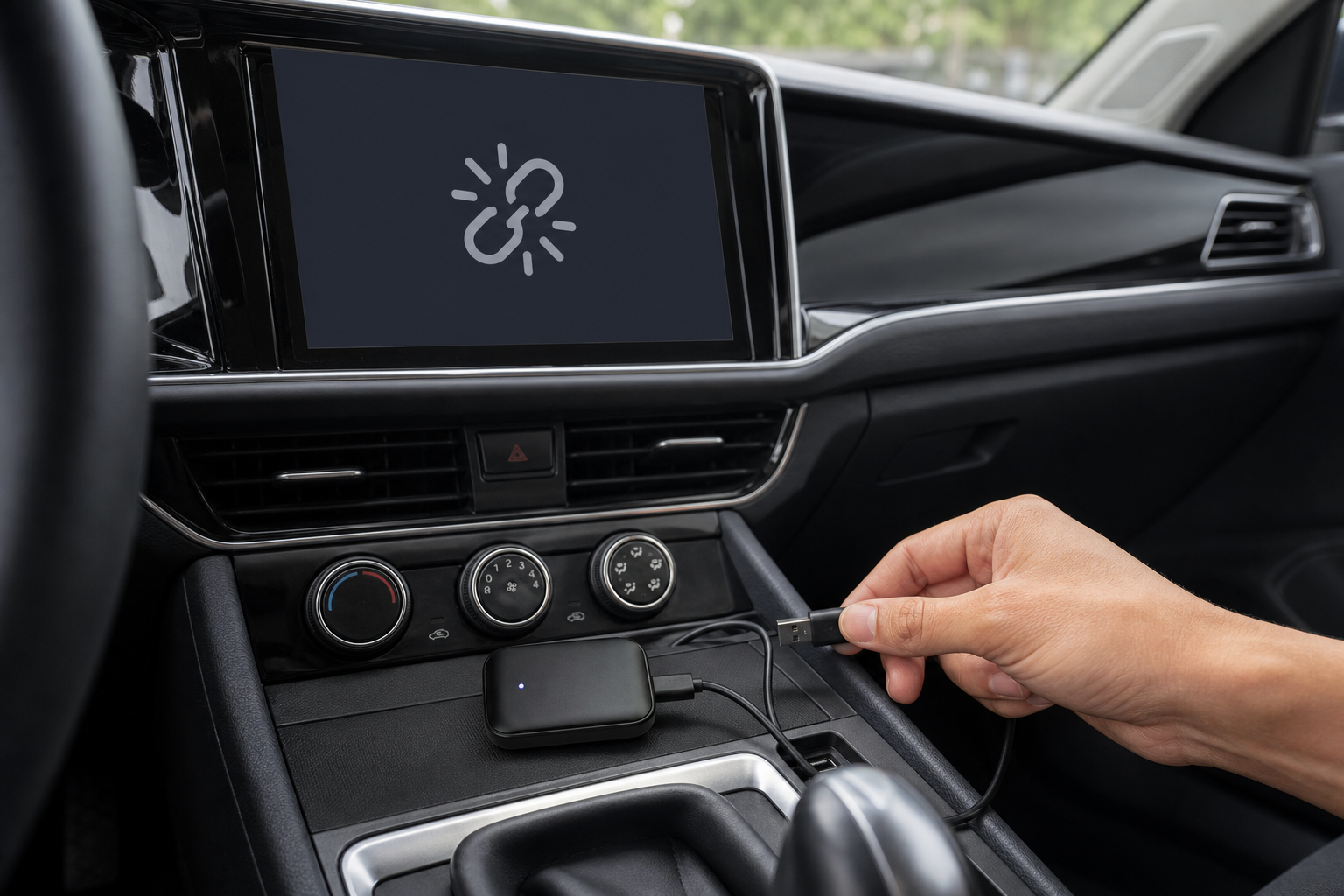 Wireless CarPlay adapter cable being reseated to troubleshoot disconnections