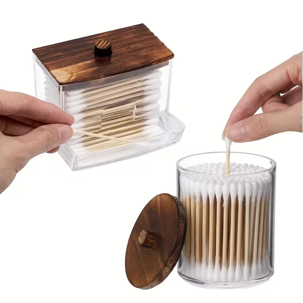Cotton Swab Dispenser with Bamboo Lid - Bathroom Organizer Box for Q-Tips, Cotton Balls & Pads
