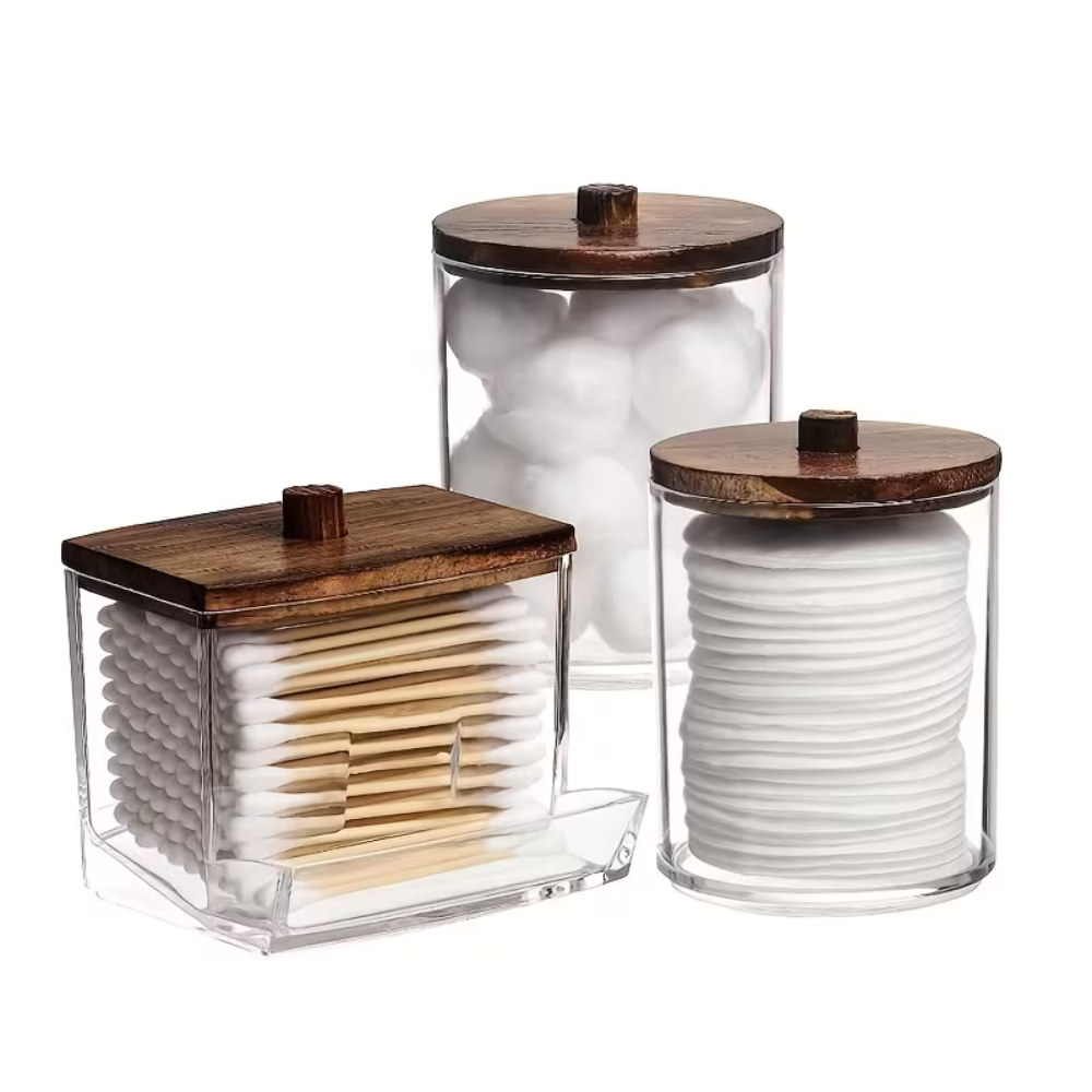Cotton Swab Dispenser with Bamboo Lid - Bathroom Organizer Box for Q-Tips, Cotton Balls & Pads