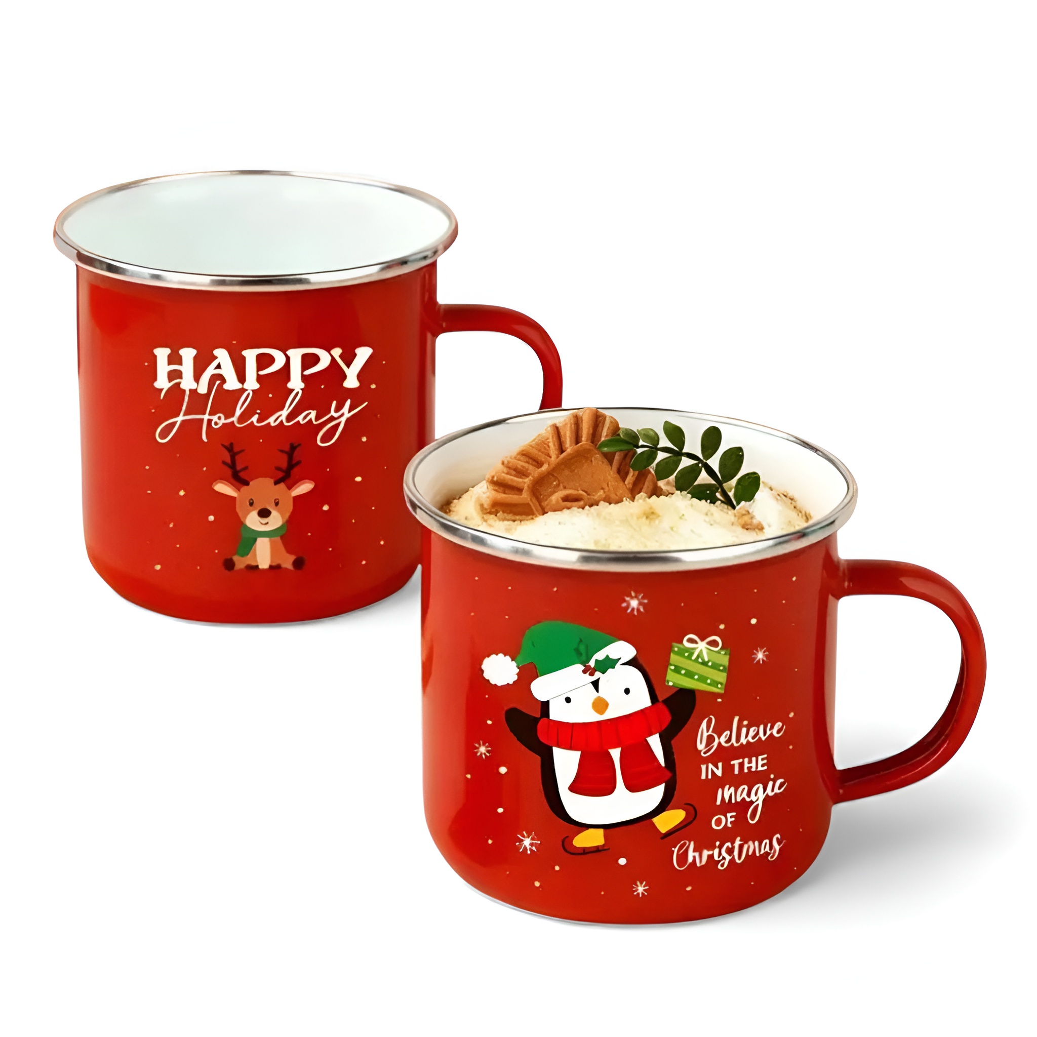 Pack Of 6 Merry Christmas Enamel Mug Collection With Reindeer And Snowman Graphics