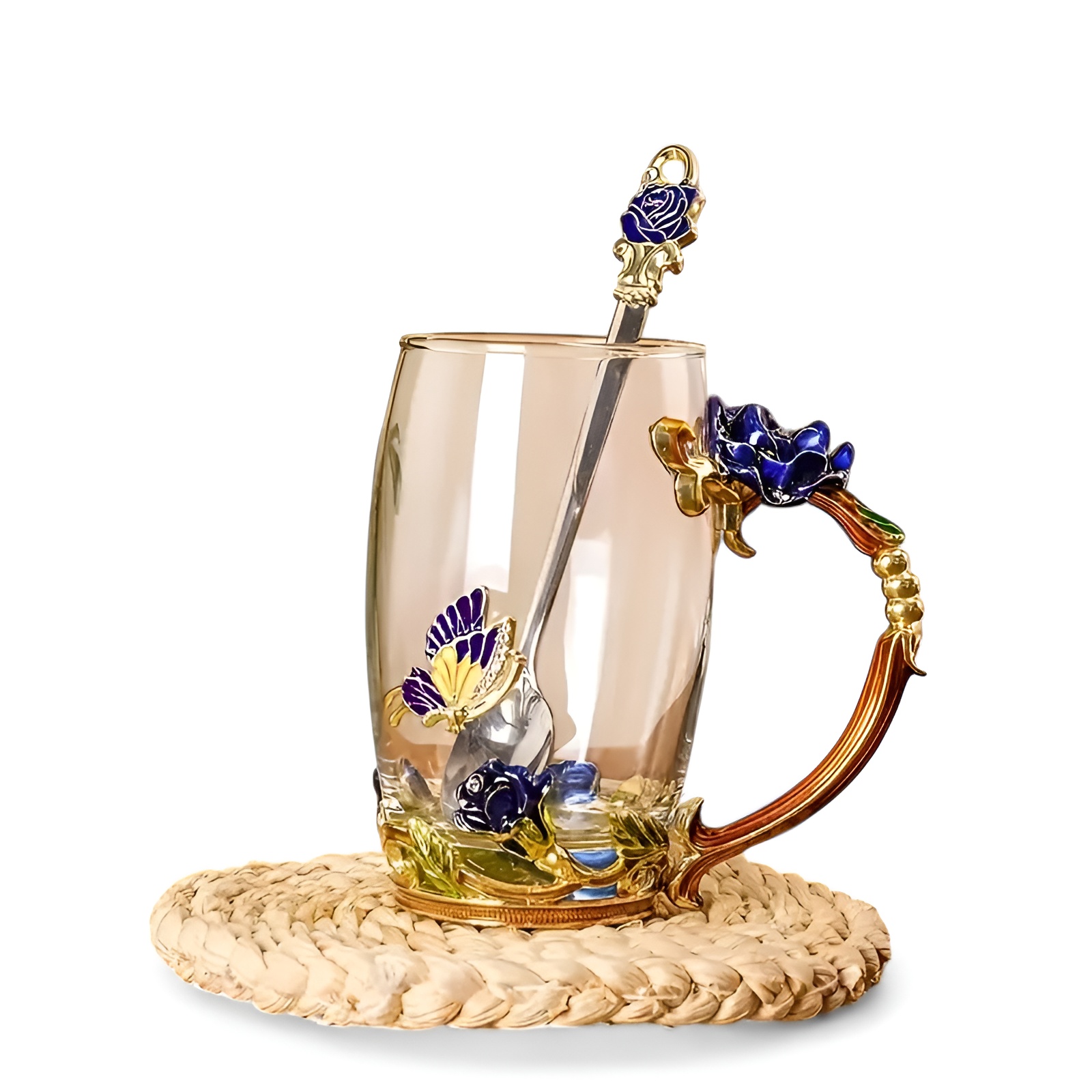 Crystal Glass Cup Set With Butterfly Accent And Rose Spoon For Drinks