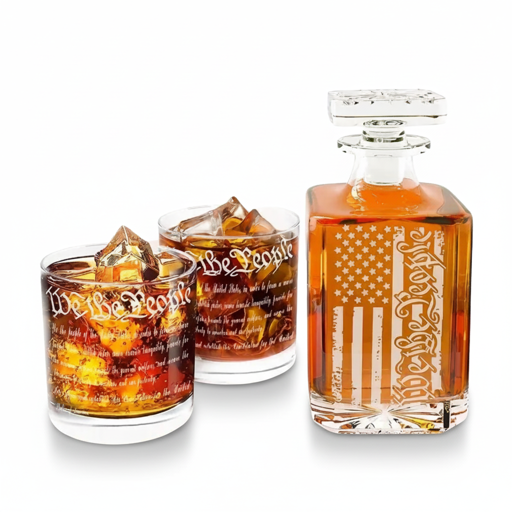 Engraved Glass Whiskey Decanter Set With 1 Decanter And 2 Glasses