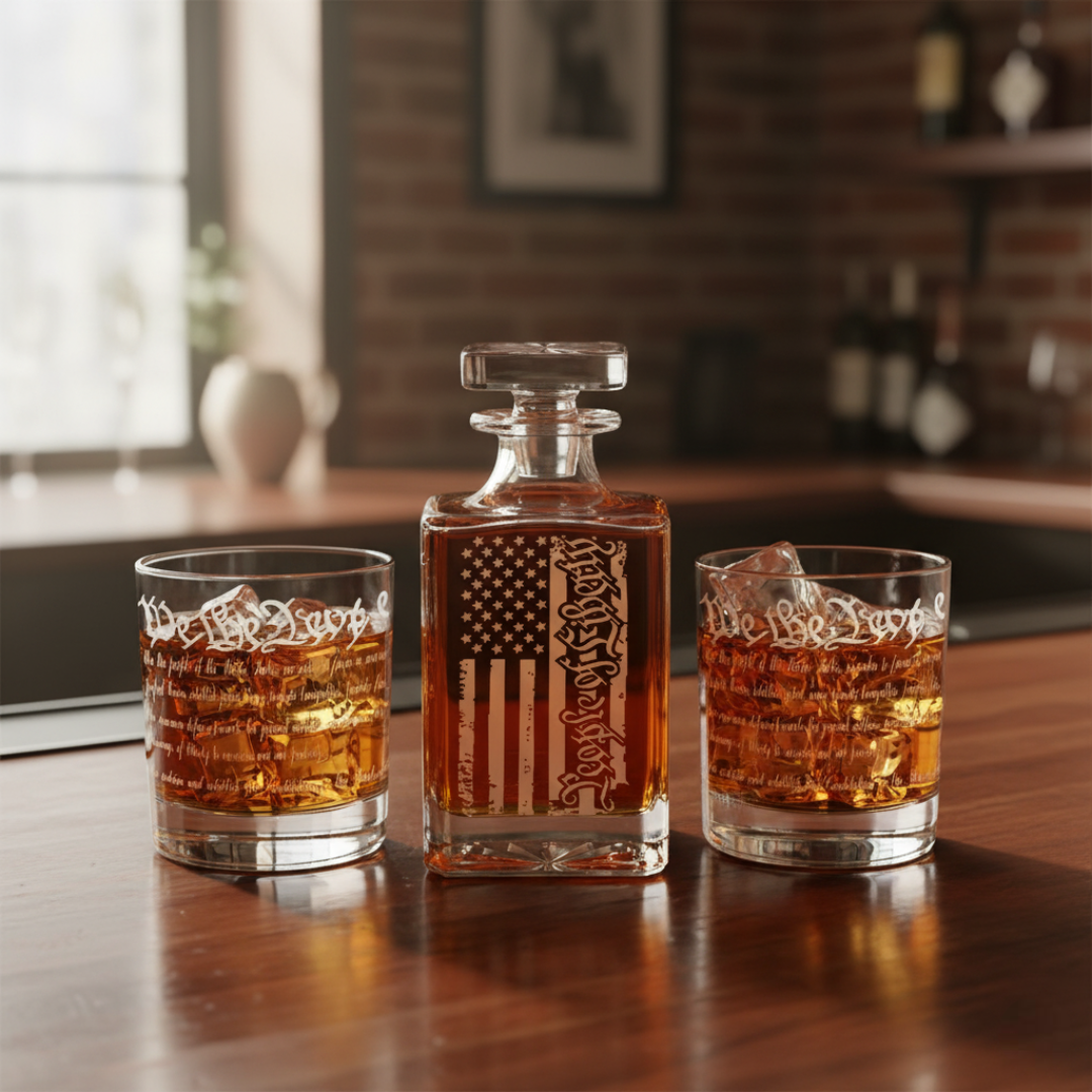 Engraved Glass Whiskey Decanter Set With 1 Decanter And 2 Glasses