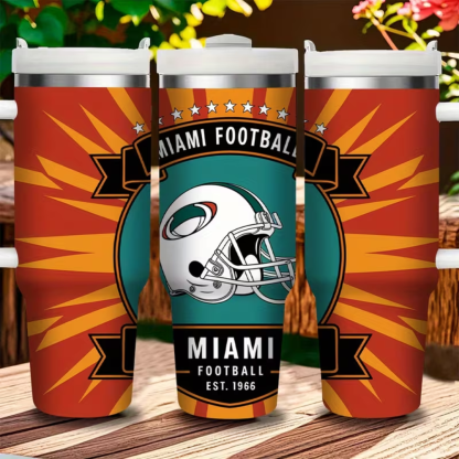 1pc Miami Football 40oz Stainless Steel Tumbler with Straw