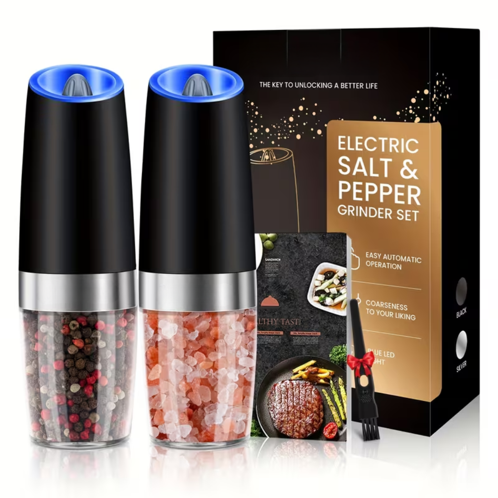 Gravity Electric Salt and Pepper Grinder Set - 2 Piece Automatic Spice Mill with Adjustable Coarseness