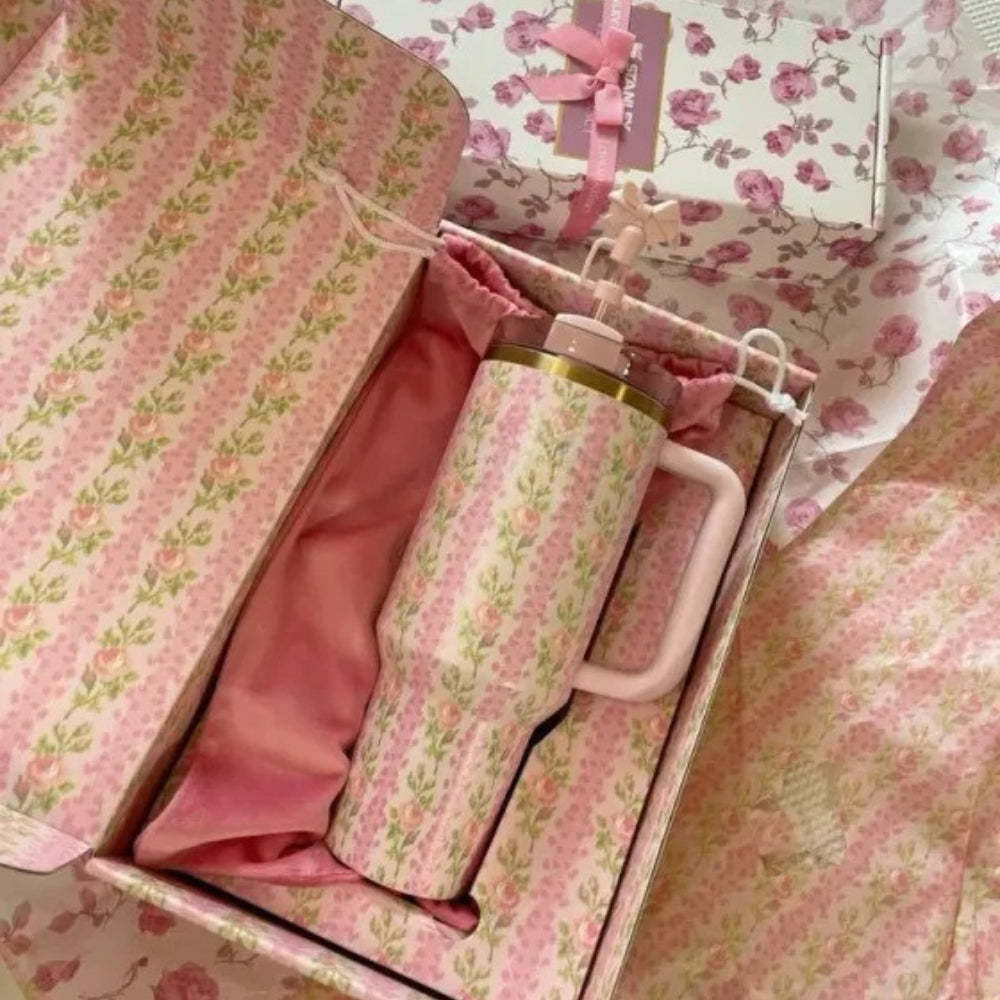 Floral Print Insulated Tumbler With Handle And Straw Lid-Wine and Whiskey Decanter