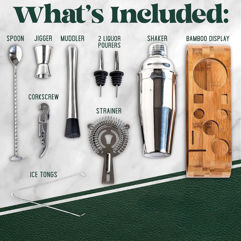 10 Pieces Bar Tool Set With Bamboo Stand And Cocktail Kit-Wine and Whiskey Decanter