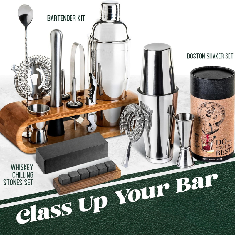10 Pieces Bar Tool Set With Bamboo Stand And Cocktail Kit-Wine and Whiskey Decanter