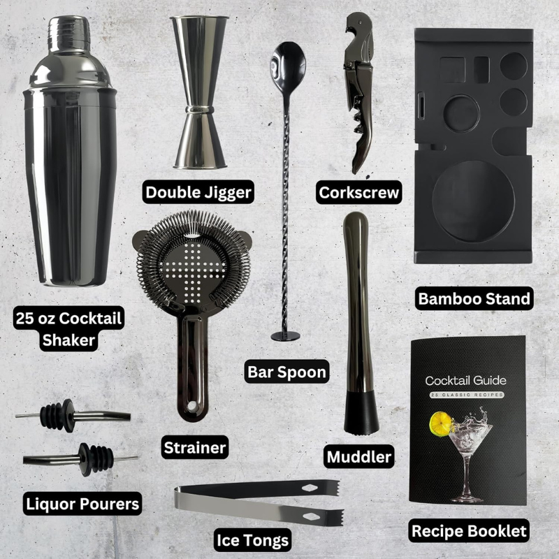 10-Piece Bartender Tool Set Stainless Steel And Recipe Book-Wine and Whiskey Decanter