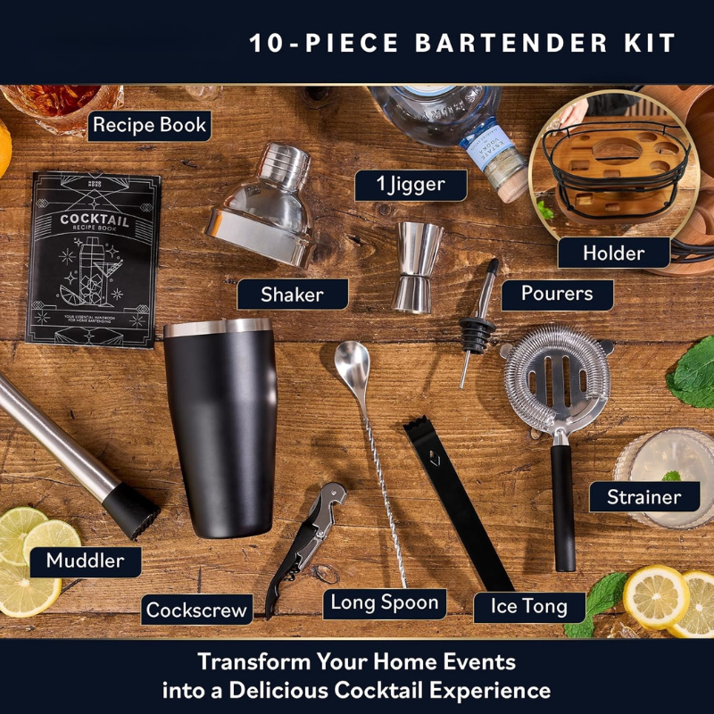 10 Pieces Stylish Design Bartender Kit With Wooden Stand-Wine and Whiskey Decanter