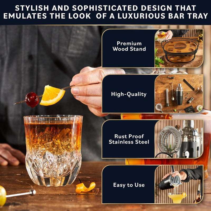 10 Pieces Stylish Design Bartender Kit With Wooden Stand-Wine and Whiskey Decanter