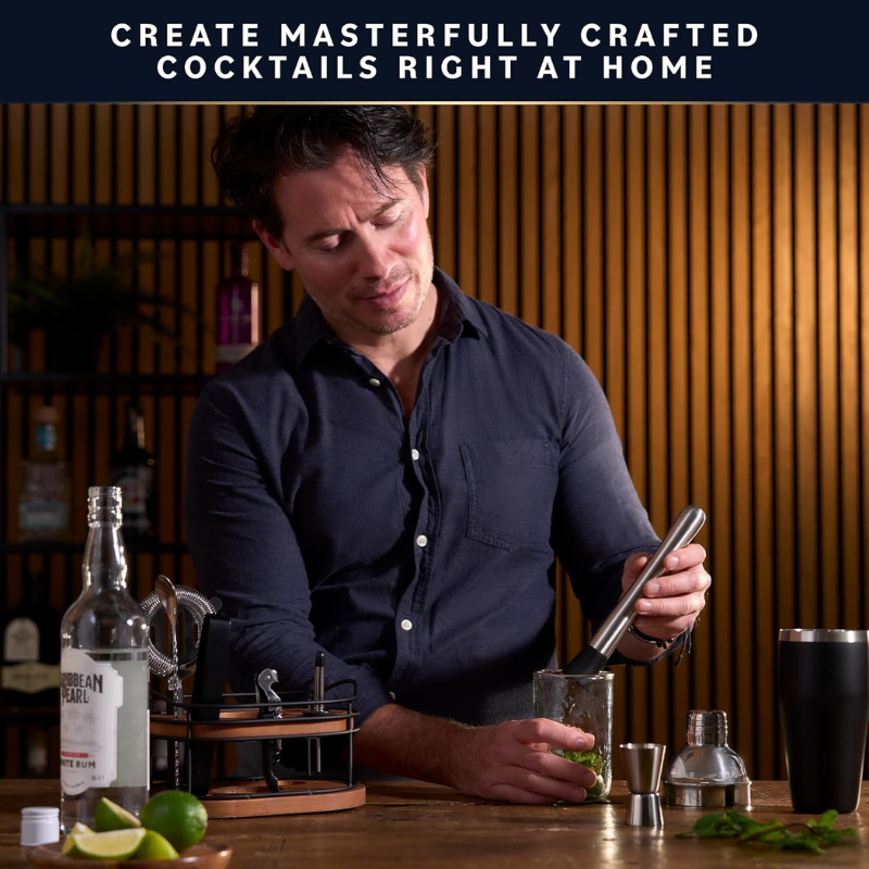 10 Pieces Stylish Design Bartender Kit With Wooden Stand-Wine and Whiskey Decanter