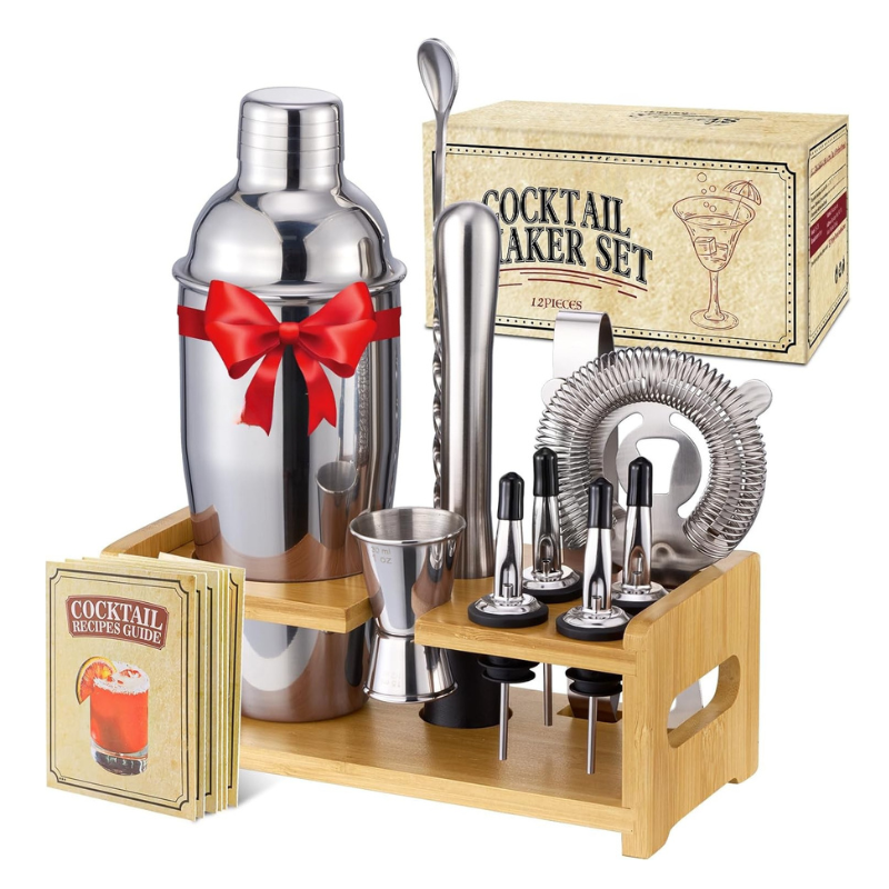 Bartender Tool Set With Bamboo Stand 12 Piece Bar Accessories-Wine and Whiskey Decanter