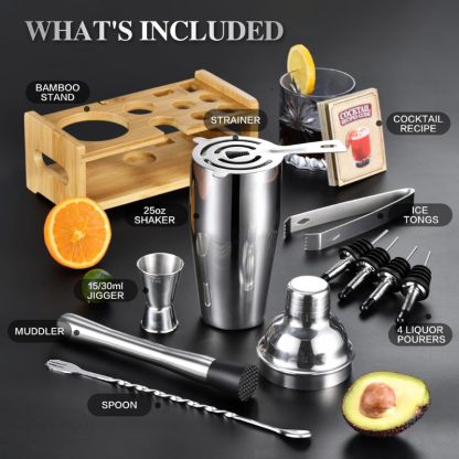 Bartender Tool Set With Bamboo Stand 12 Piece Bar Accessories-Wine and Whiskey Decanter