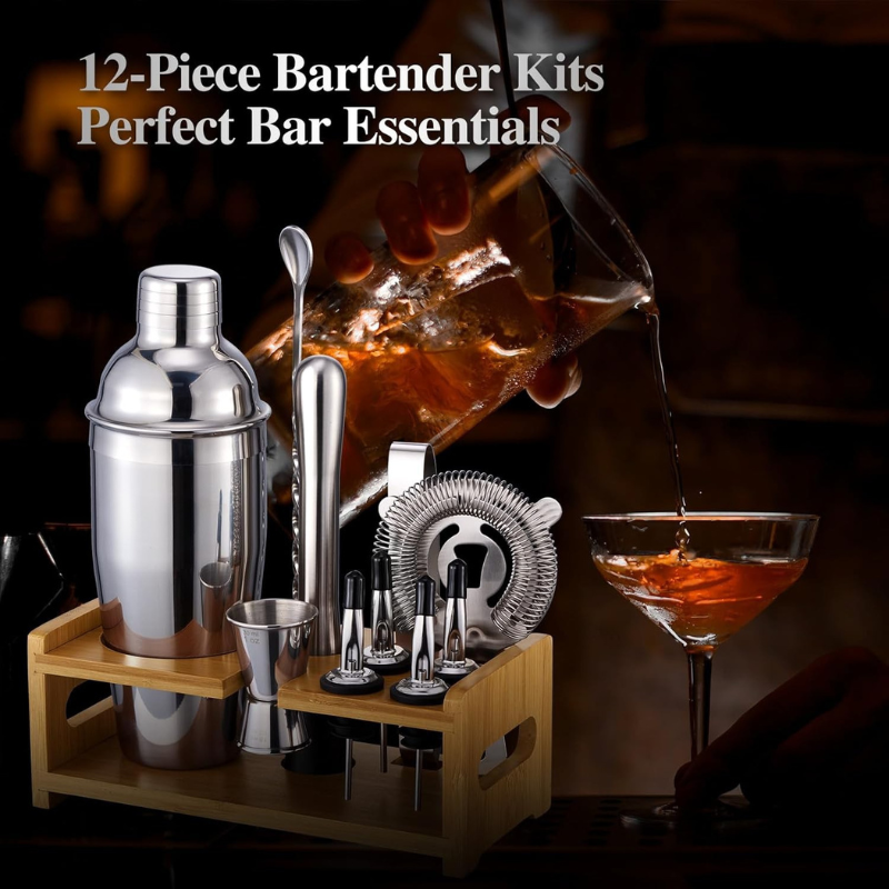 Bartender Tool Set With Bamboo Stand 12 Piece Bar Accessories-Wine and Whiskey Decanter