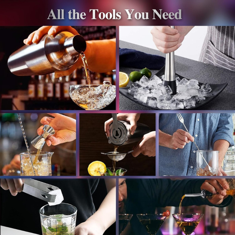 Bartender Tool Set With Bamboo Stand 12 Piece Bar Accessories-Wine and Whiskey Decanter