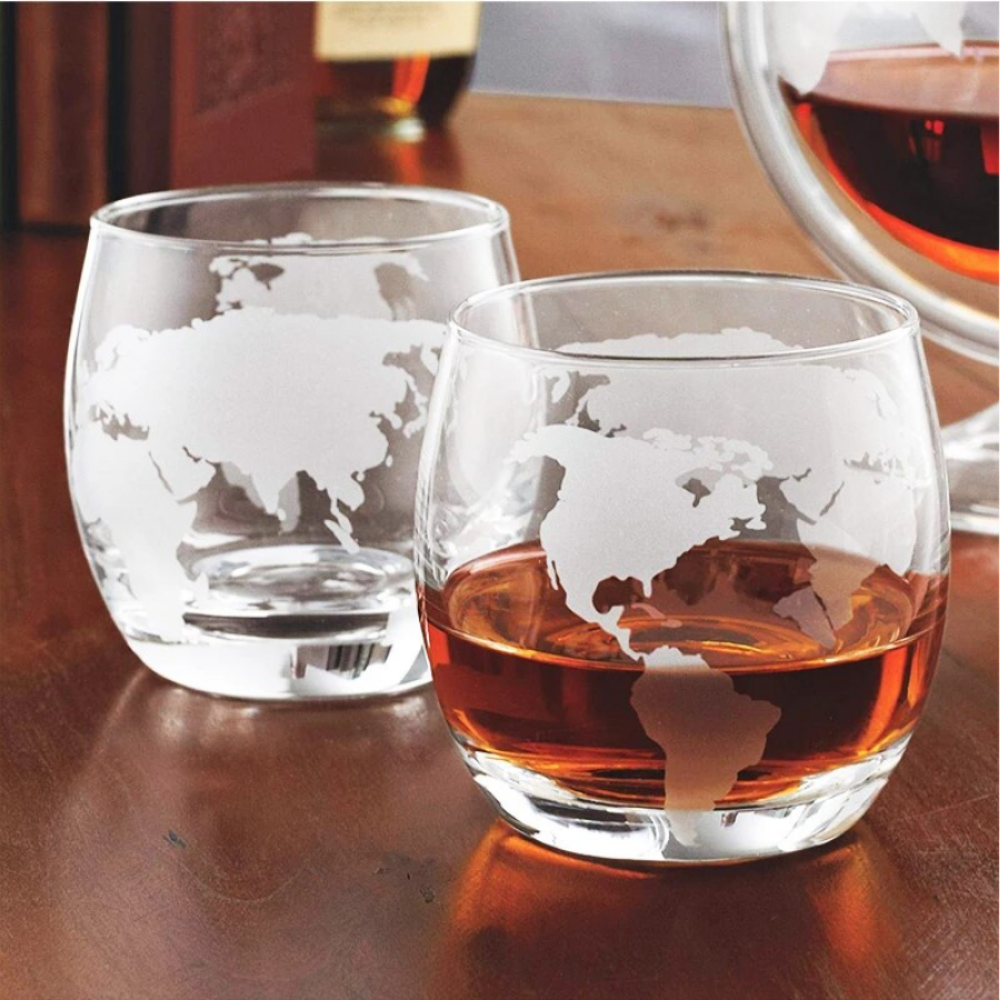 2 Etched Globe Whisky Glasses-Wine and Whiskey Decanter