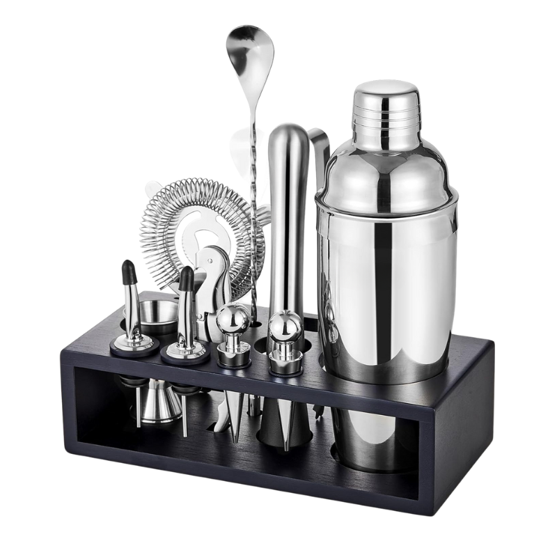 12Piece Cocktail Shaker Set With Wooden Stand Stainless Steel Tools-Wine and Whiskey Decanter