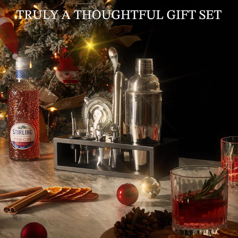 12Piece Cocktail Shaker Set With Wooden Stand Stainless Steel Tools-Wine and Whiskey Decanter