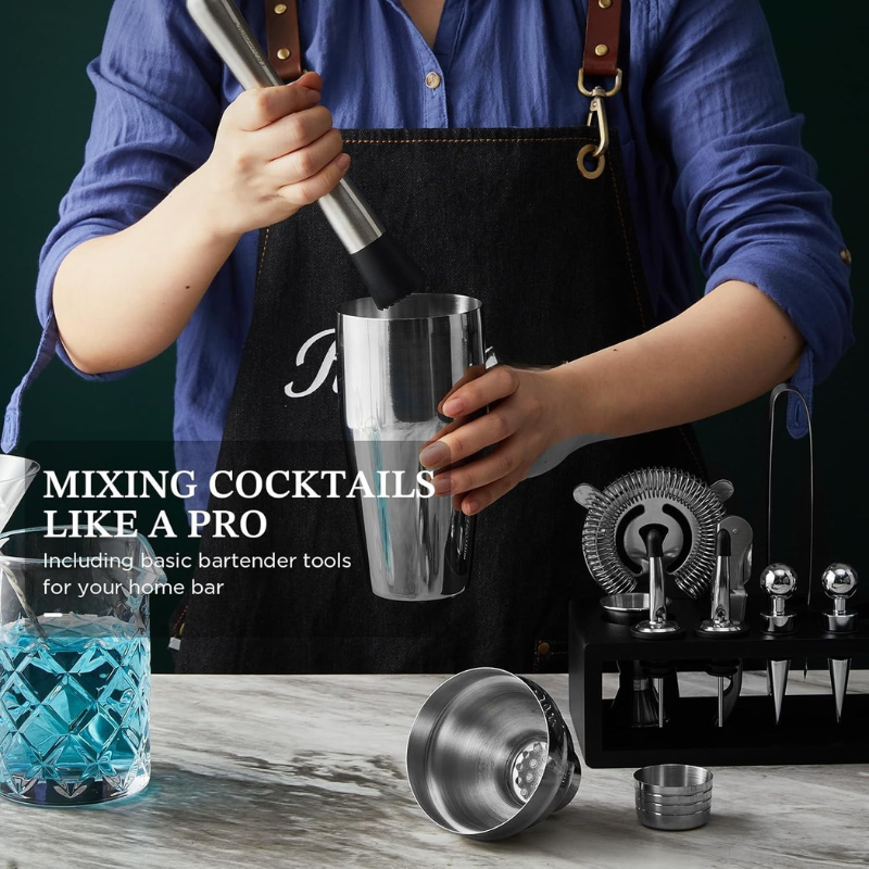 12Piece Cocktail Shaker Set With Wooden Stand Stainless Steel Tools-Wine and Whiskey Decanter