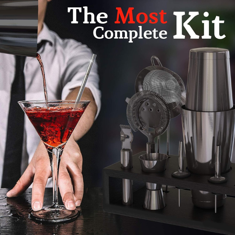13 Piece Mixology Bartender Kit With Wooden Stand-Wine and Whiskey Decanter