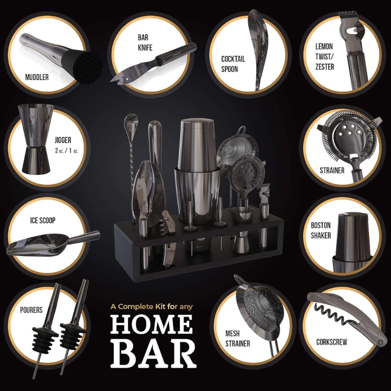 13 Piece Mixology Bartender Kit With Wooden Stand-Wine and Whiskey Decanter